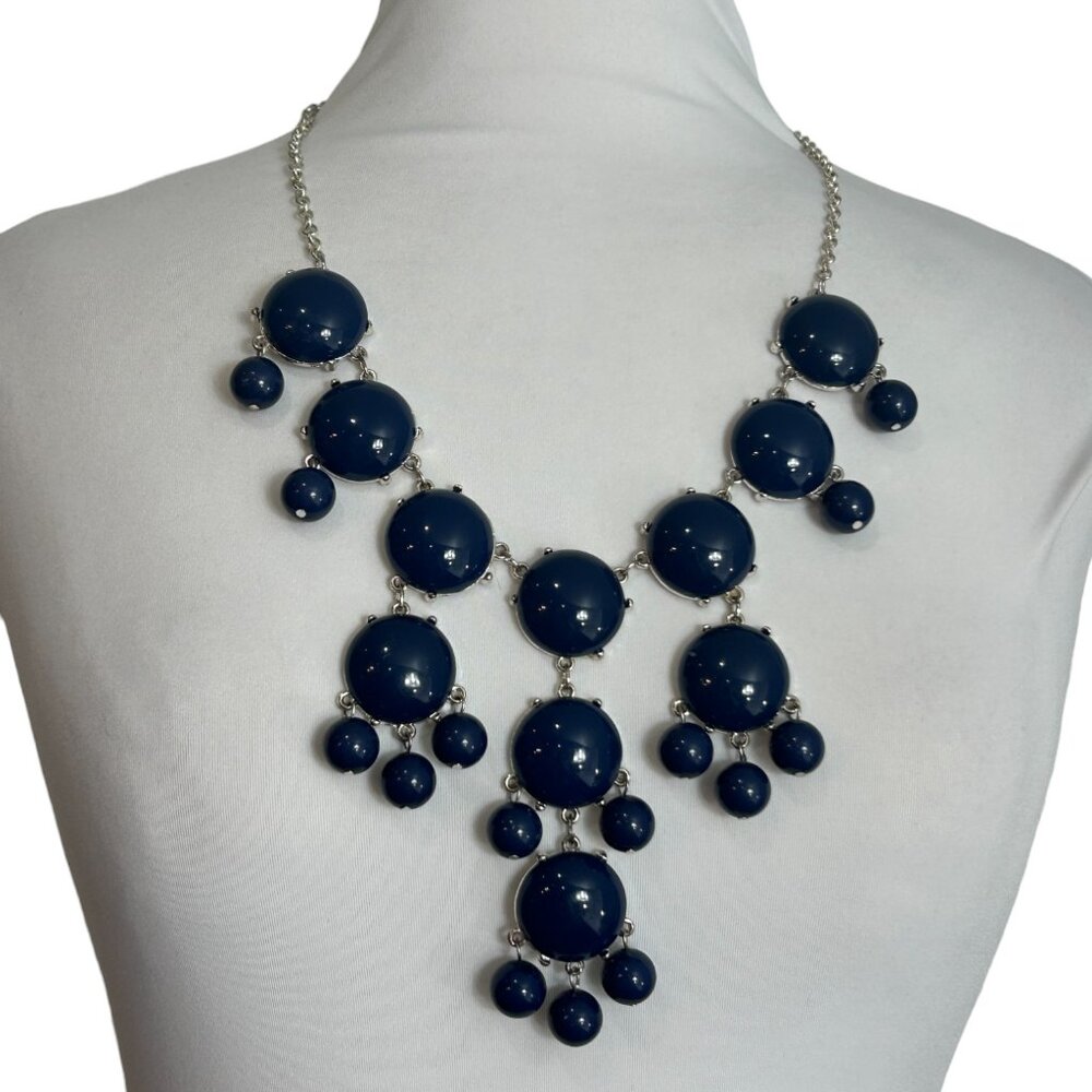Bold Navy Blue Bubble Bib Necklace Statement Chunky Bead Silver Tone Fashion